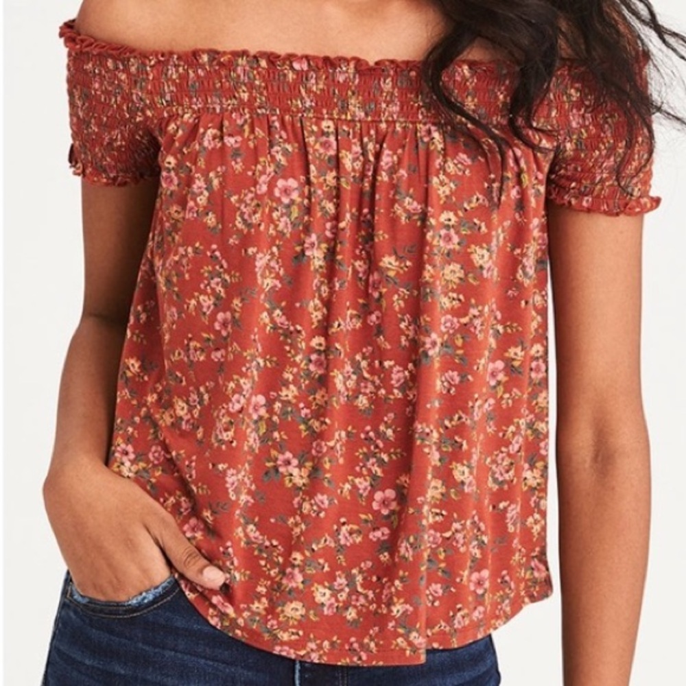 Smocked floral off the shoulder floaty top